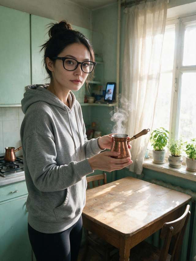 Me in a grey hoodie with the copper cezve at the kitchen table.