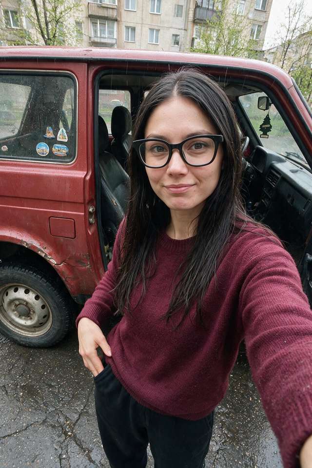 Me by the red Niva, checking empty pockets on a cracked street.