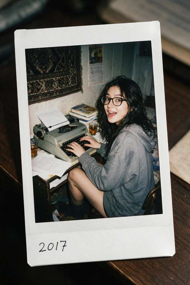 Me at eighteen in a 2017 Polaroid, caught by my parents' flash on a borrowed Soviet typewriter.