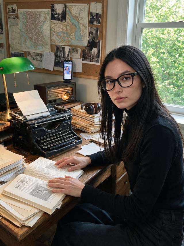 Me reading a technical book at the desk, typewriter beside.