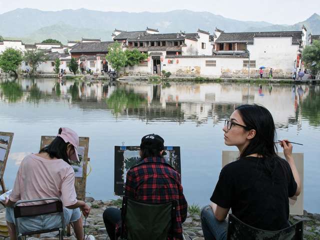 Me at an easel among art students painting Hongcun across the lake.