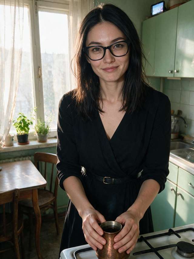 Me in the sunlit kitchen with a copper cezve.