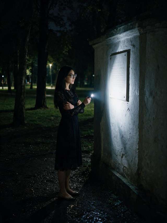 Me at the wall at Feofaniya after dark, phone torch on the plaque, wet gravel underfoot.
