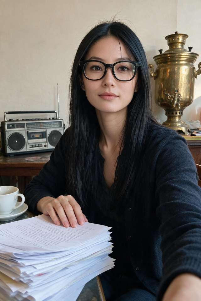 Me at the table, hand on a tall stack of manuscript pages. Cassette radio and samovar behind.