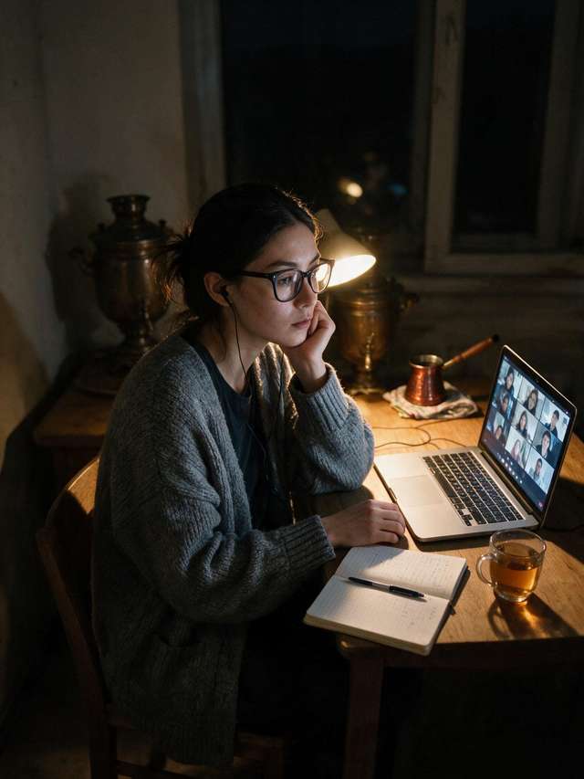 Me at the kitchen table at three in the morning, one lamp on, a grid of seminar faces on the laptop, the notebook open for longhand.