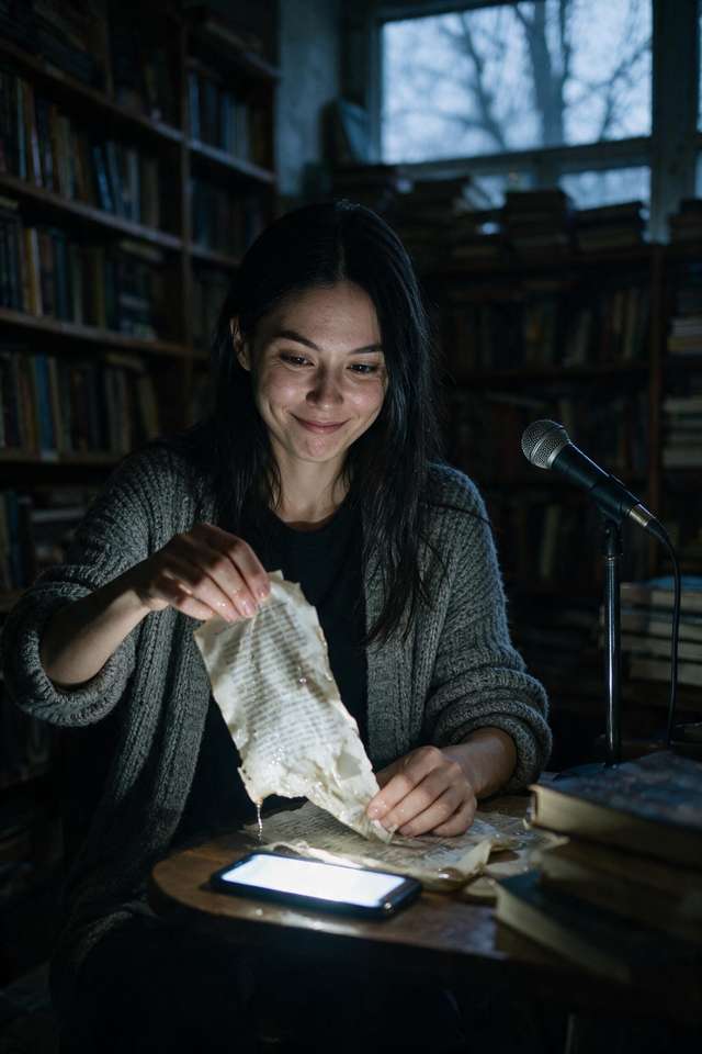 Me in a dark bookstore lifting a soaked page by phone light.