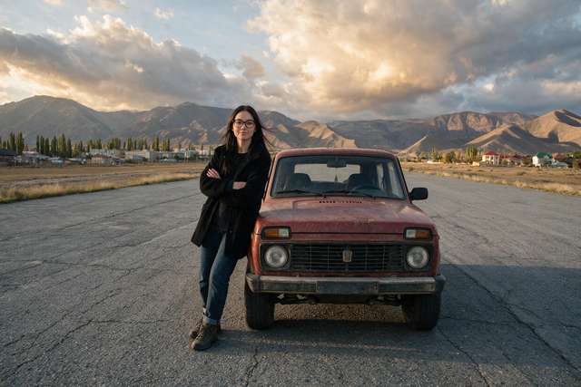 My red Niva on the cracked runway at Tamga, me leaning on the fender.