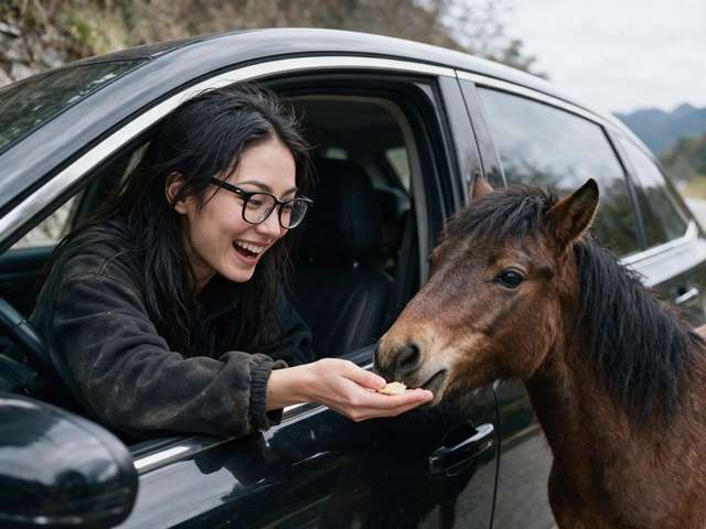 Me laughing from the car window as a brown horse pushes its head inside, mountain road behind.