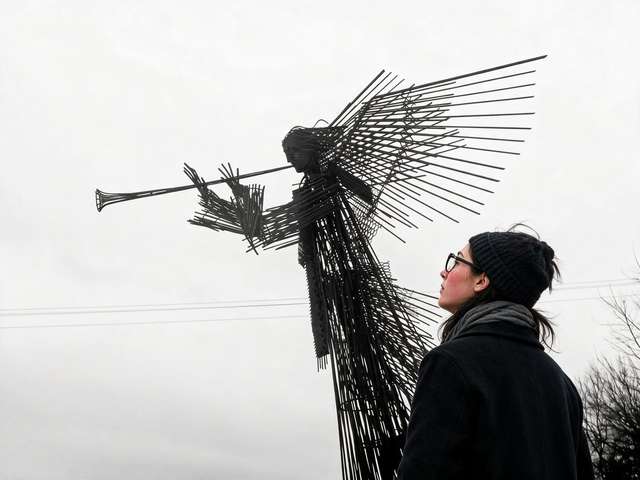 Me small before the dark welded-steel angel with a trumpet against a white sky.