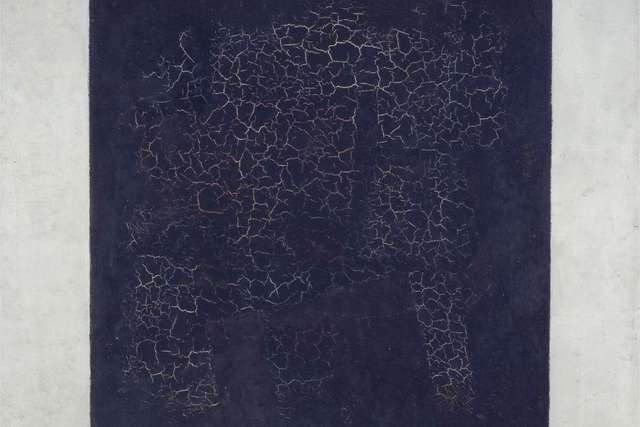 Kazimir Malevich's Black Square of 1915: a black square on a white ground, the paint cracked with age.