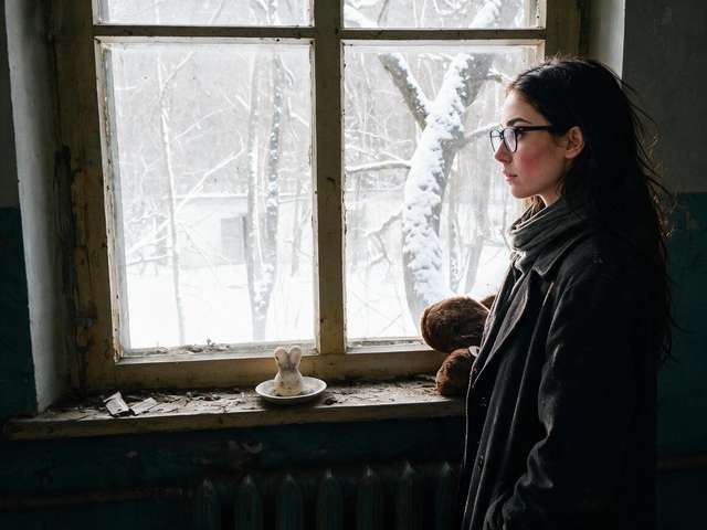 Me in profile at a ruined window, small objects on the sill, looking out through broken panes.