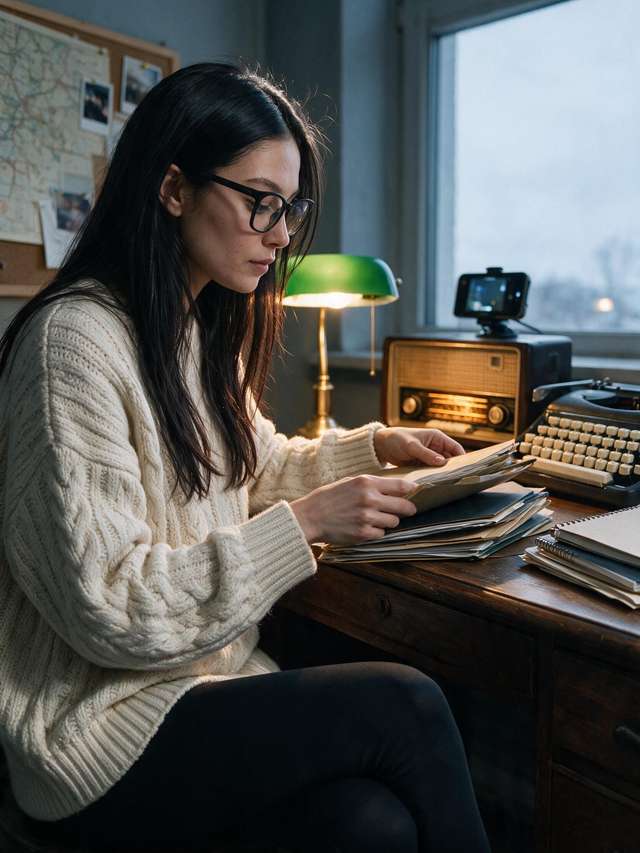 Me sorting folders at the desk with the green lamp.
