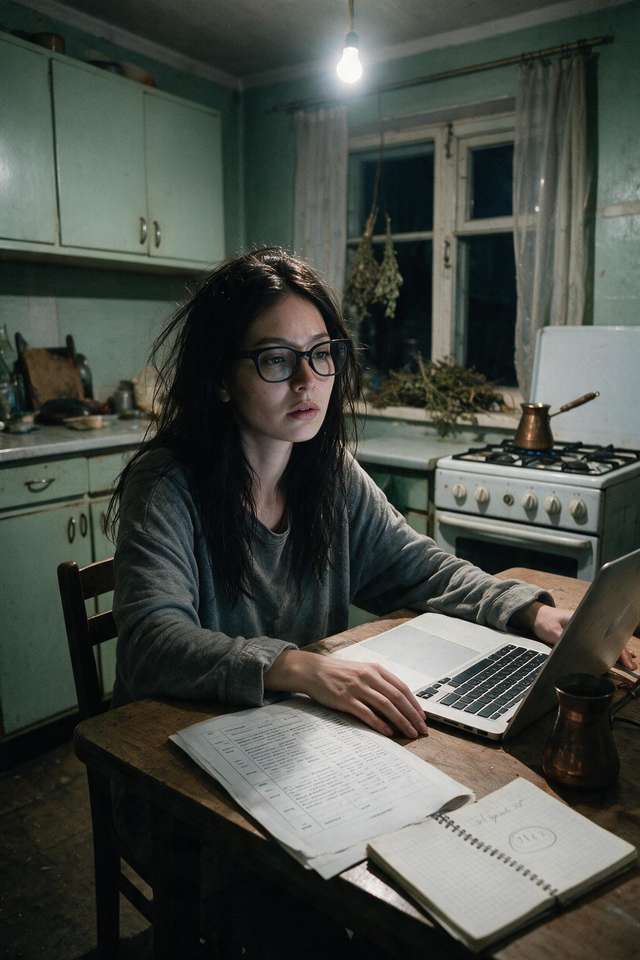 Me at the kitchen table in Bishkek with the finding aid open on the screen.