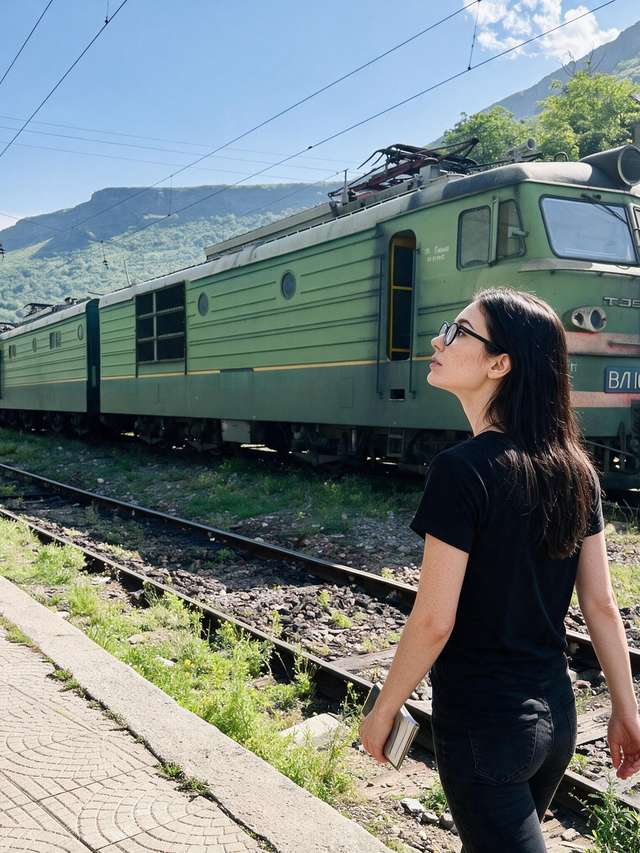 Me walking overgrown tracks past three green VL10 locomotives in a gorge.