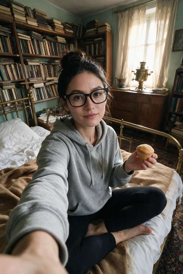 Birthday selfie on the brass bed: grey hoodie, bun, one muffin held up like a trophy.