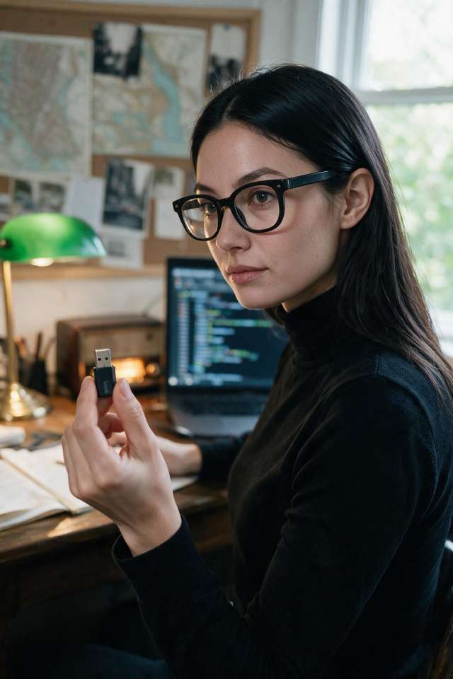 Me at my desk holding a memory stick up between two fingers, the green lamp on, the wall behind covered in maps and clippings.