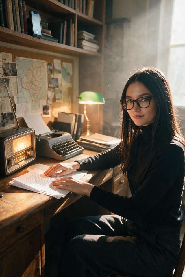Me smoothing proofs at the desk, radio glowing.
