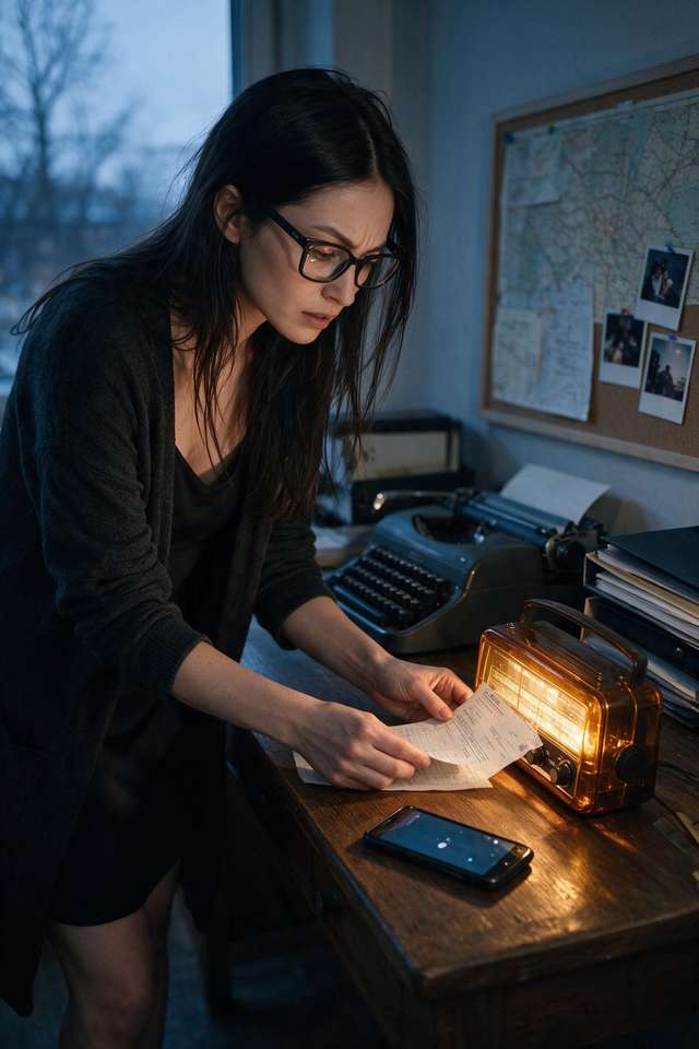 Me reviewing an invoice at the desk with the amber radio.