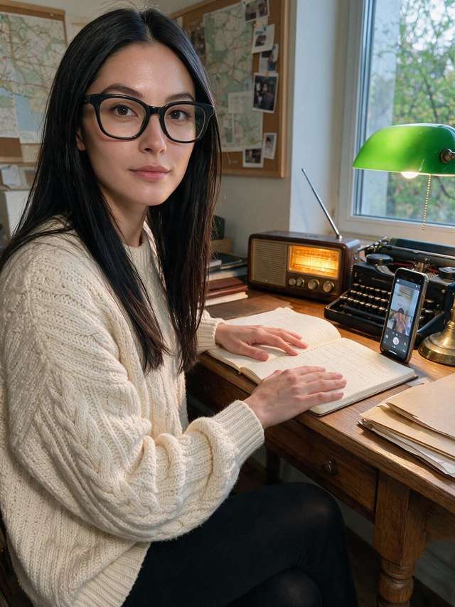Me arranging open notebooks under a green banker's lamp.