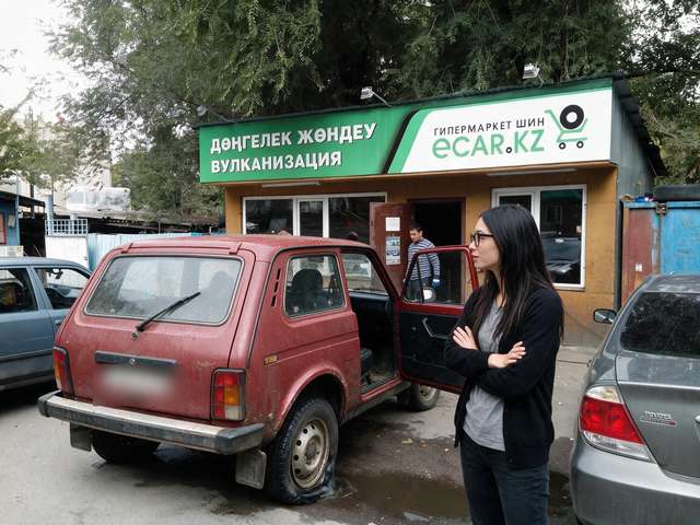 Me by the red Niva at an Almaty tire workshop, one tire very flat.