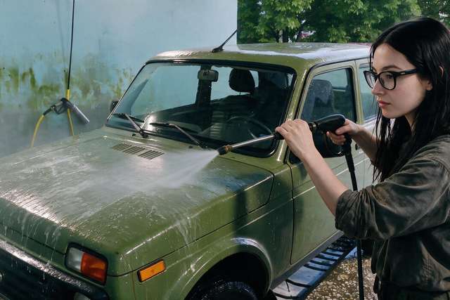 Novelist in a dark work shirt pressure-washing the borrowed olive-green Lada Niva in a wash bay, spray misting around the car.
