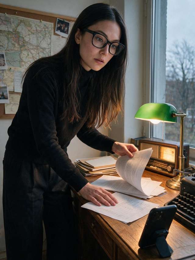 Me at the oak desk with a thin royalty statement under the green banker's lamp.