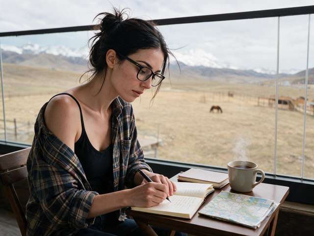 Me writing at a balcony table above grasslands with horses. Flannel off one shoulder.