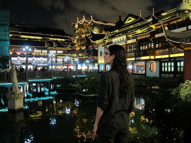Me from behind at a stone railing over a pond in the lit garden at night, golden pavilions reflected.
