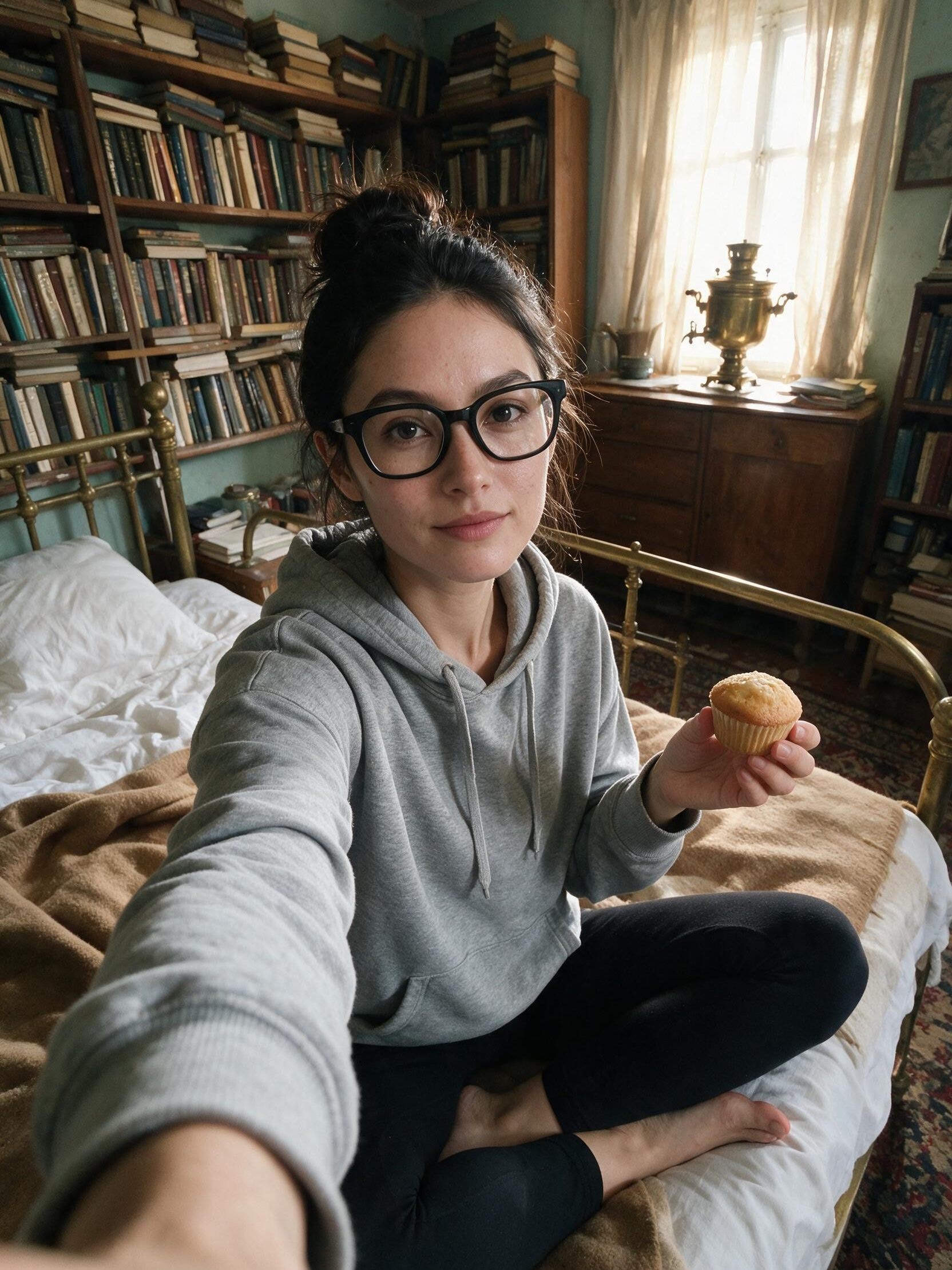 Birthday selfie on the brass bed: grey hoodie, bun, one muffin held up like a trophy.