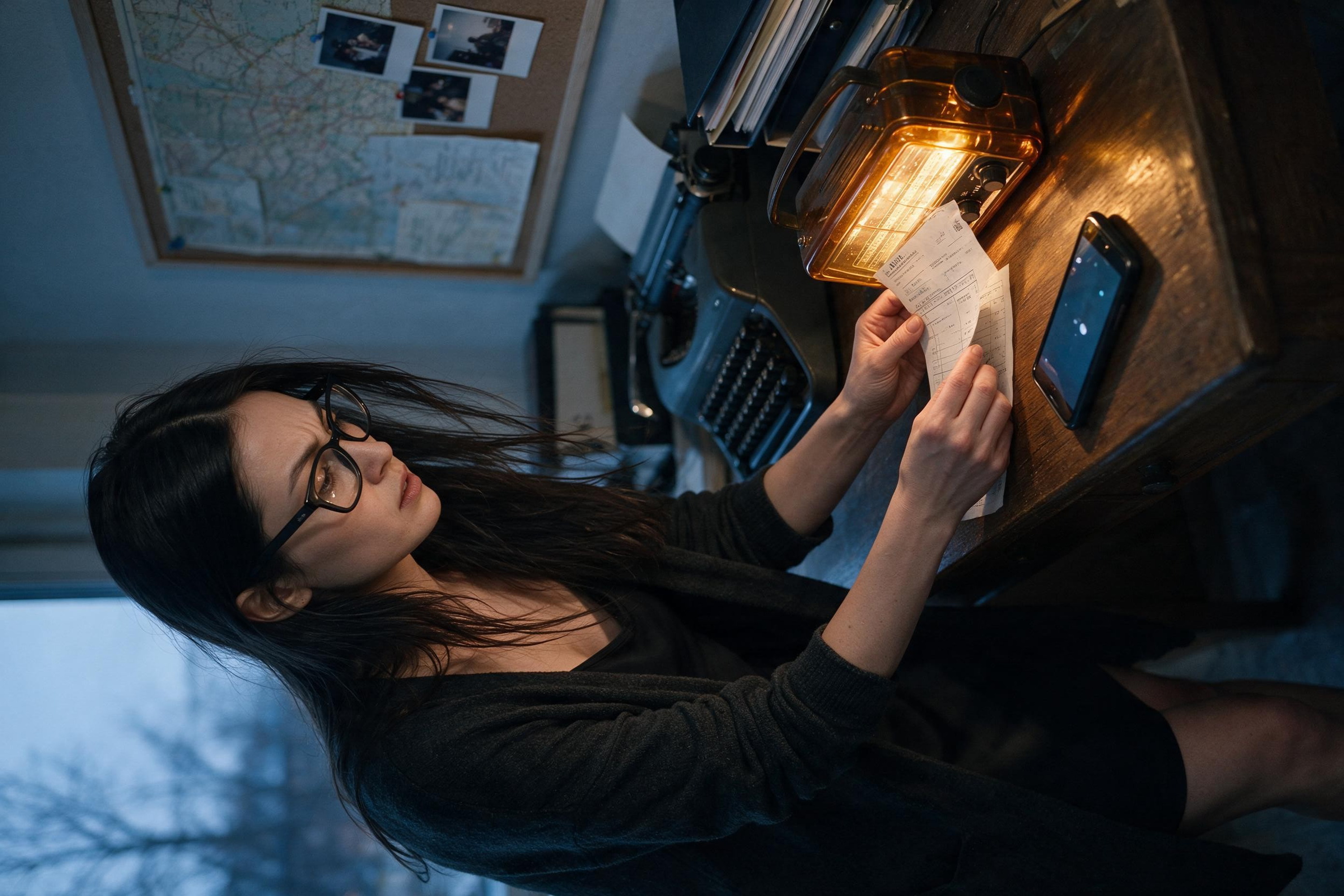 Me reviewing an invoice at the desk with the amber radio.
