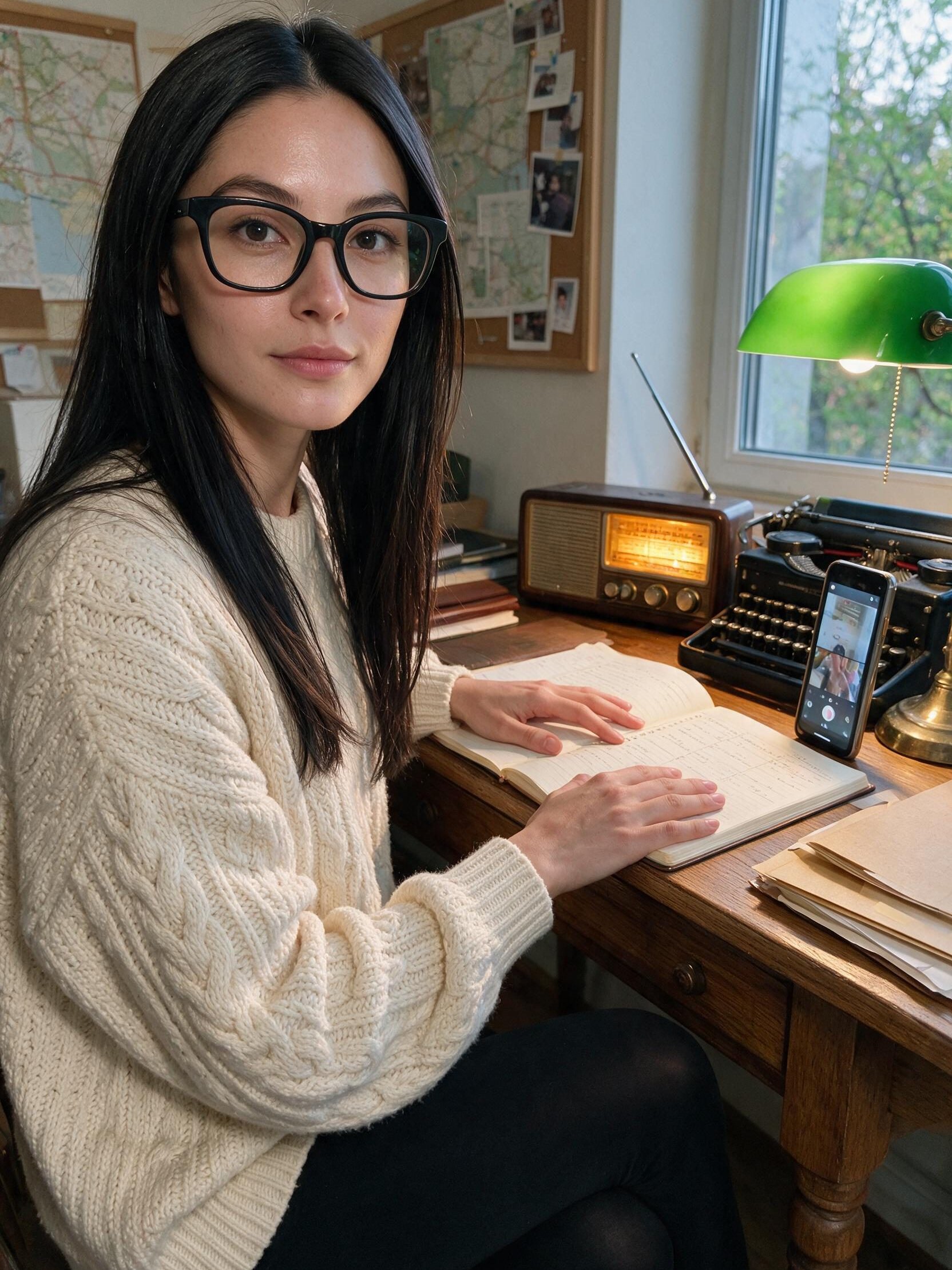 Me arranging open notebooks under a green banker's lamp.