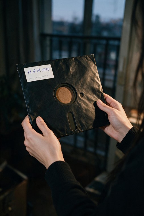 An 8-inch floppy disk
held in both hands, black jacket, a paper label with two lines of handwriting
on it.