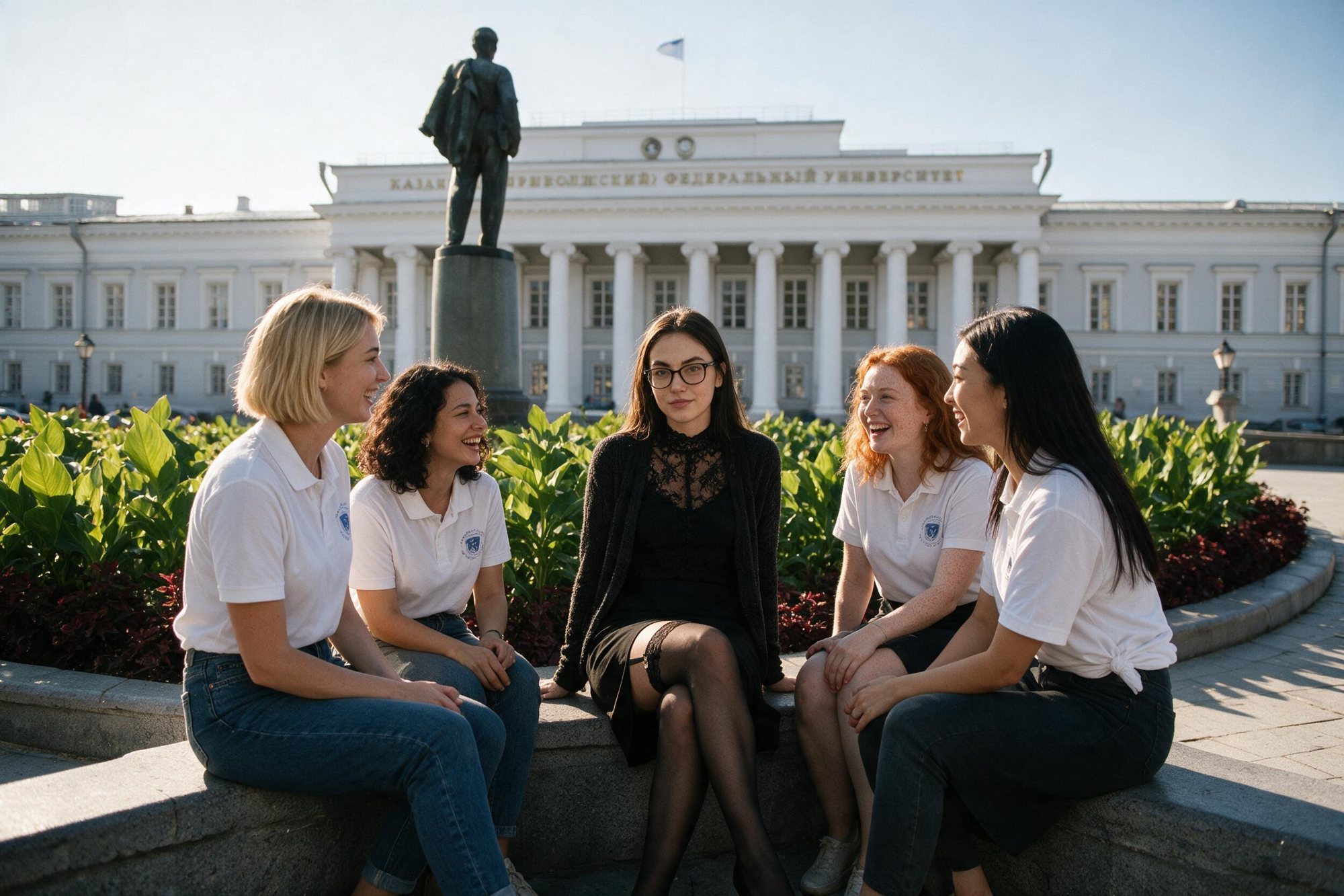 Five women on the granite edge of the flowerbed in front of the Kazan university main building in low golden light, four of them in white university polo shirts laughing among themselves, the one in the middle in black looking into the camera.